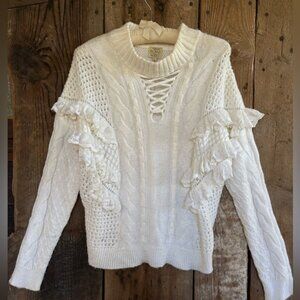 Torn by Ronny Kobo Cream Cable Knit Sweater with Ruffles